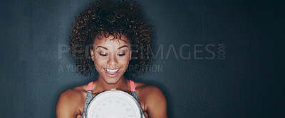 Buy stock photo Fitness, happy woman and thinking in studio with scale for weight loss, diet or exercise progress. Banner, person and smile with body mass machine, workout results or mockup space on dark background.