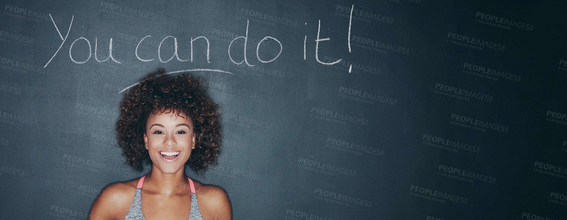 Buy stock photo Motivation, fitness and portrait of woman by chalkboard for exercise, lose weight and training. Mockup, message and happy person with inspiration for wellness, workout and health on banner space