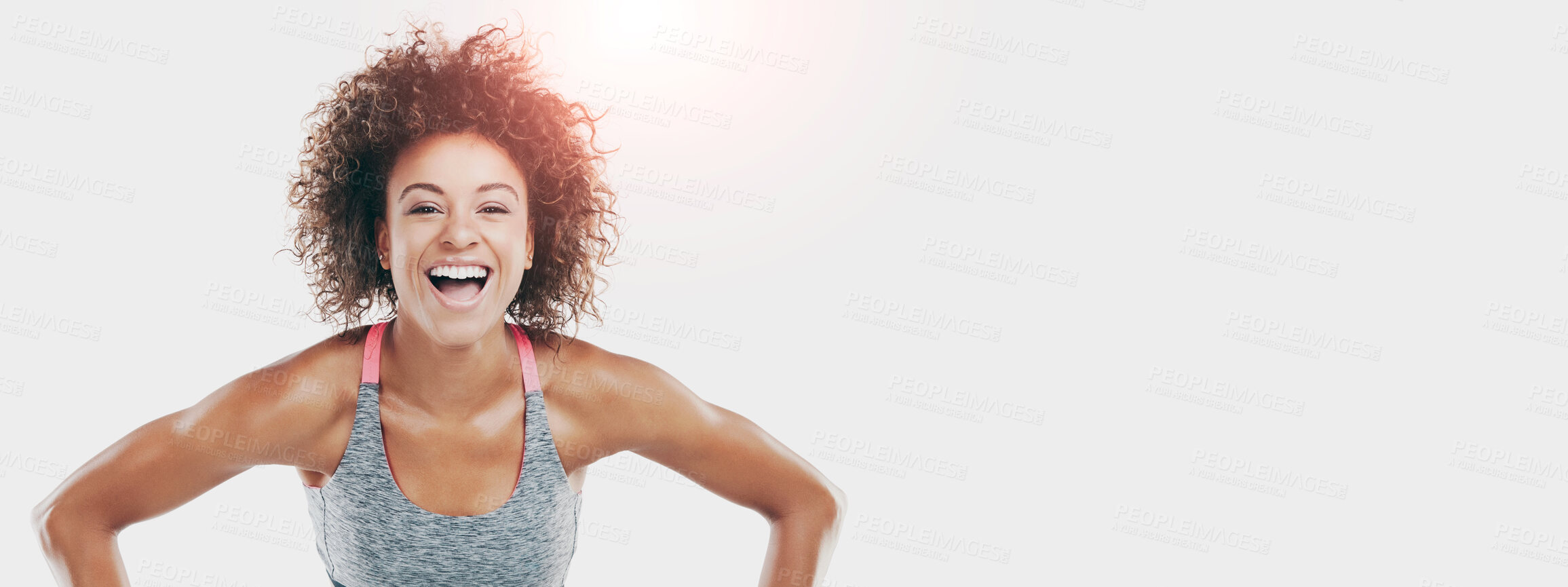 Buy stock photo Portrait, strong or happy woman in studio with fitness, bicep growth or wellness for bodybuilding goals. Banner, female person or athlete with pride, flex muscle and mockup space on white background.