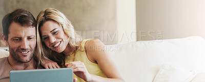 Buy stock photo Streaming, man or woman in home with tablet, banner or bonding together with virtual entertainment. Digital, space or couple on sofa with technology, multimedia or connection with online show.