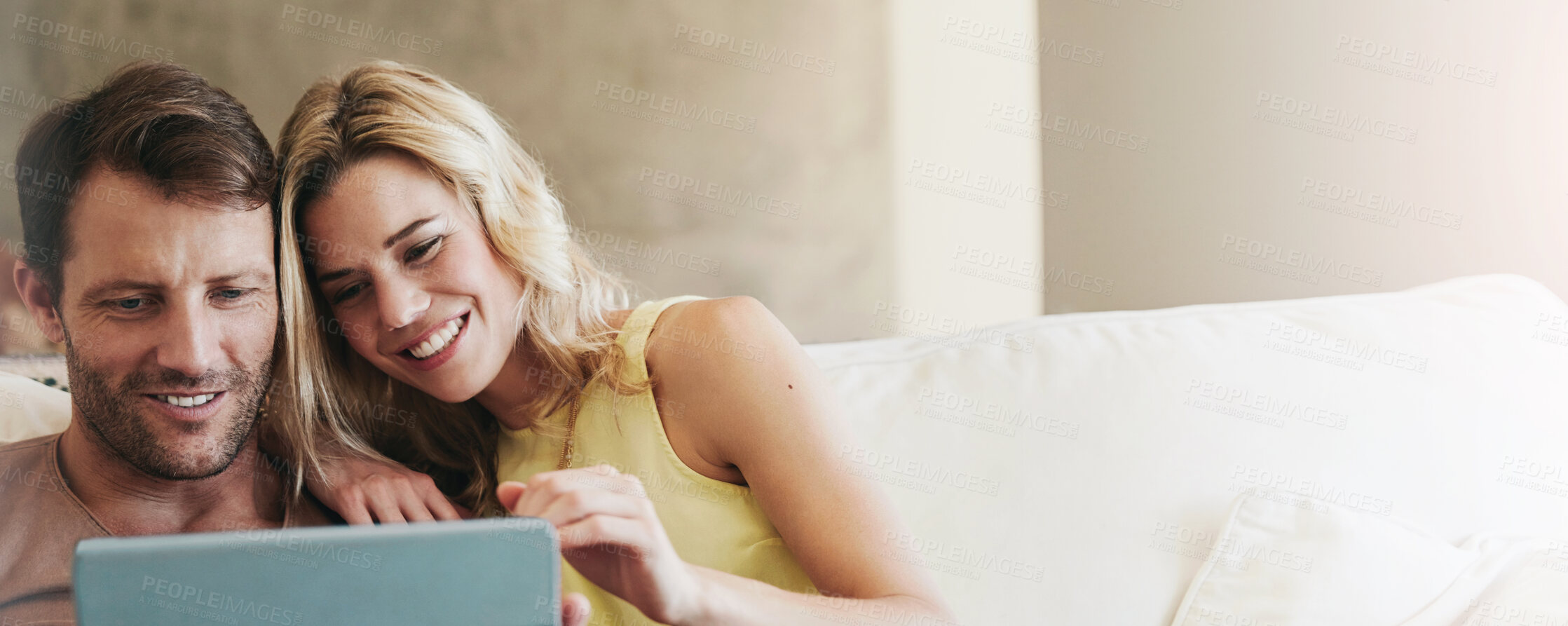 Buy stock photo Streaming, man or woman in home with tablet, banner or bonding together with virtual entertainment. Digital, space or couple on sofa with technology, multimedia or connection with online show.