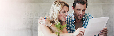Buy stock photo Couple, documents and planning with finance in home, review investment and talk for wealth. Happy people, paperwork and banner with admin, asset management and conversation with space at apartment