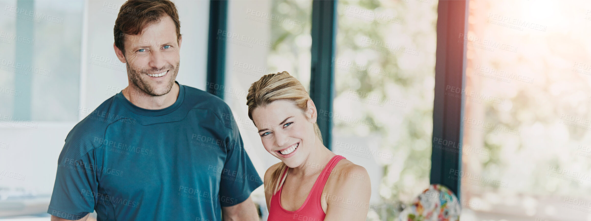 Buy stock photo Fitness, couple and happy in kitchen, portrait and bonding with partner on weekend, pride and banner. Healthy, man and woman with smile in home, wellness and break after workout or commitment in USA