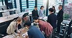 Employees, accounting paperwork and office meeting for review, communication and teamwork in Japan. Business people, investment report and workplace for briefing, revenue project and brainstorming