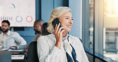 Buy stock photo Business, mature woman and phone call in meeting for corporate proposal, investment feedback and good news. Financial director, office and speaking to investor for funding update or deal negotiation