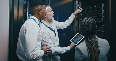 Buy stock photo People, cyber security and tablet in server room, engineering and teamwork with data center. IT specialist, technical support and employees with hardware upgrade, problem solving and programming
