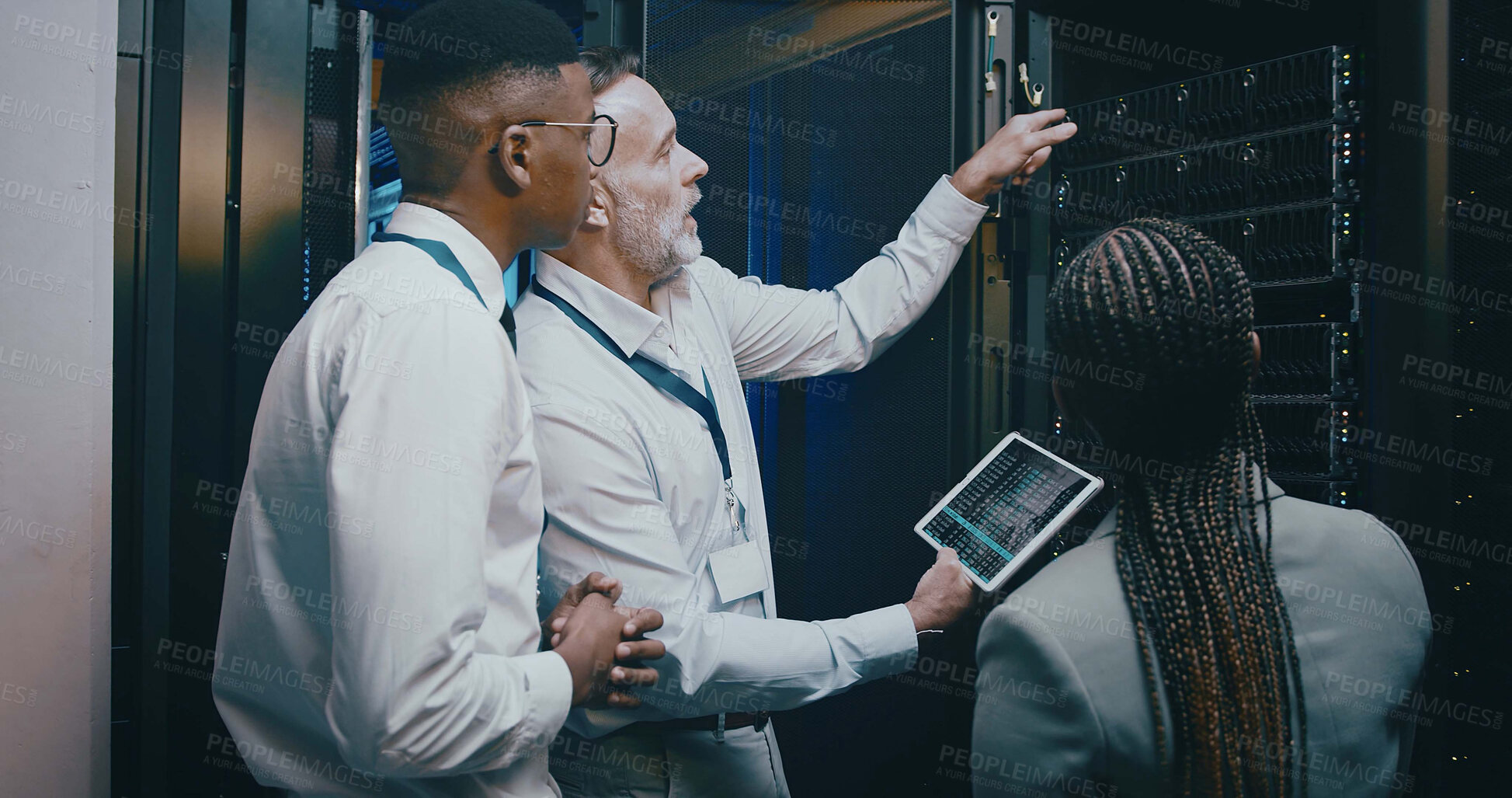 Buy stock photo People, cyber security and tablet in server room, engineering and teamwork with data center. IT specialist, technical support and employees with hardware upgrade, problem solving and programming
