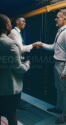 Buy stock photo Handshake, cybersecurity and team with people in server room for database, software engineer or partnership. Technician, collaboration and cloud computing with employees shaking hands for it contract