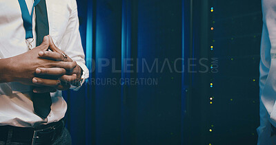 Buy stock photo Cybersecurity, technician and hands of person in server room for it system, inspection and programmer. Cloud computing, software engineer and developer with people in data center for maintenance