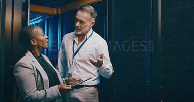 Buy stock photo Tablet, team and people in server room for talking, cloud computing or IT training with intern. Collaboration, tech and engineer in data center for planning maintenance, backup or help with manager