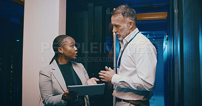 Buy stock photo Tablet, team and people in data center for discussion, cloud computing or IT training with intern. Collaboration, tech or engineer in server room for planning maintenance, backup or help with manager