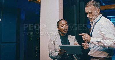 Buy stock photo People, cyber security and tablet in server room, feedback and system programming with cooperation. IT specialist, technical support and employees with hardware upgrade, database and maintenance