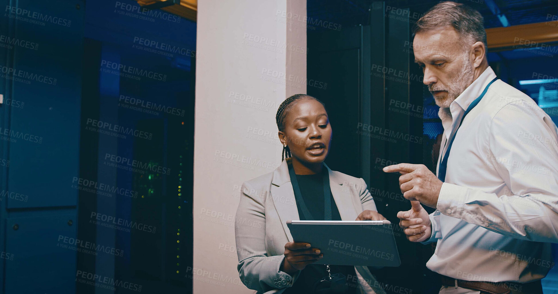 Buy stock photo People, cyber security and tablet in server room, feedback and system programming with cooperation. IT specialist, technical support and employees with hardware upgrade, database and maintenance