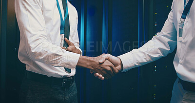 Buy stock photo Agreement, meeting and people shaking hands in server room for network administration deal. Cybersecurity, handshake and thank you with team in data center for tech support collaboration or welcome