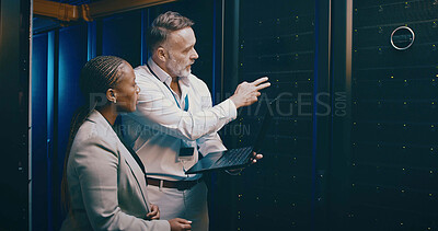 Buy stock photo Laptop, team or people in datacenter for planning, backup or IT training with intern. Collaboration, tech or engineer in server room for maintenance, cloud computing or help manager with data storage