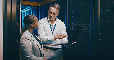 Buy stock photo Laptop, team or people in server room for planning, backup or IT training with intern. Collaboration, tech or engineer in datacenter for maintenance, cloud computing or help manager with data storage