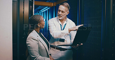 Buy stock photo Explain, laptop and upgrade with people in server room together for network administration. Computer, cybersecurity and problem solving with tech support team in data center for firewall maintenance