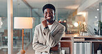 Portrait, business and black man laugh in office at night, career pride and finance advisor. Smile, male person and consultant with about us, financial experience and overtime joke of risk management