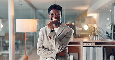 Buy stock photo Portrait, business and black man laugh in office at night, career pride and finance advisor. Smile, male person and consultant with about us, financial experience and overtime joke of risk management