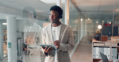 Buy stock photo Thinking, headset and tablet with business black man in office for reflection, virtual consultant and review. Online advisor, planning and communication with person in agency for perspective and crm