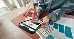 Person, hands and phone screen with food menu for takeaway delivery or online shopping. Closeup, business employee or shopper with mobile smartphone display, website or ecommerce restaurant in office