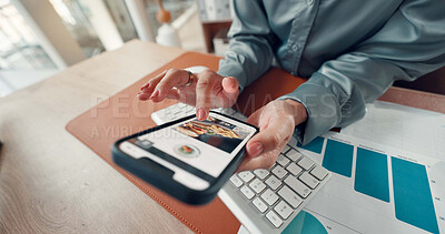 Buy stock photo Person, hands and phone screen with food menu for takeaway delivery or online shopping. Closeup, business employee or shopper with mobile smartphone display, website or ecommerce restaurant in office