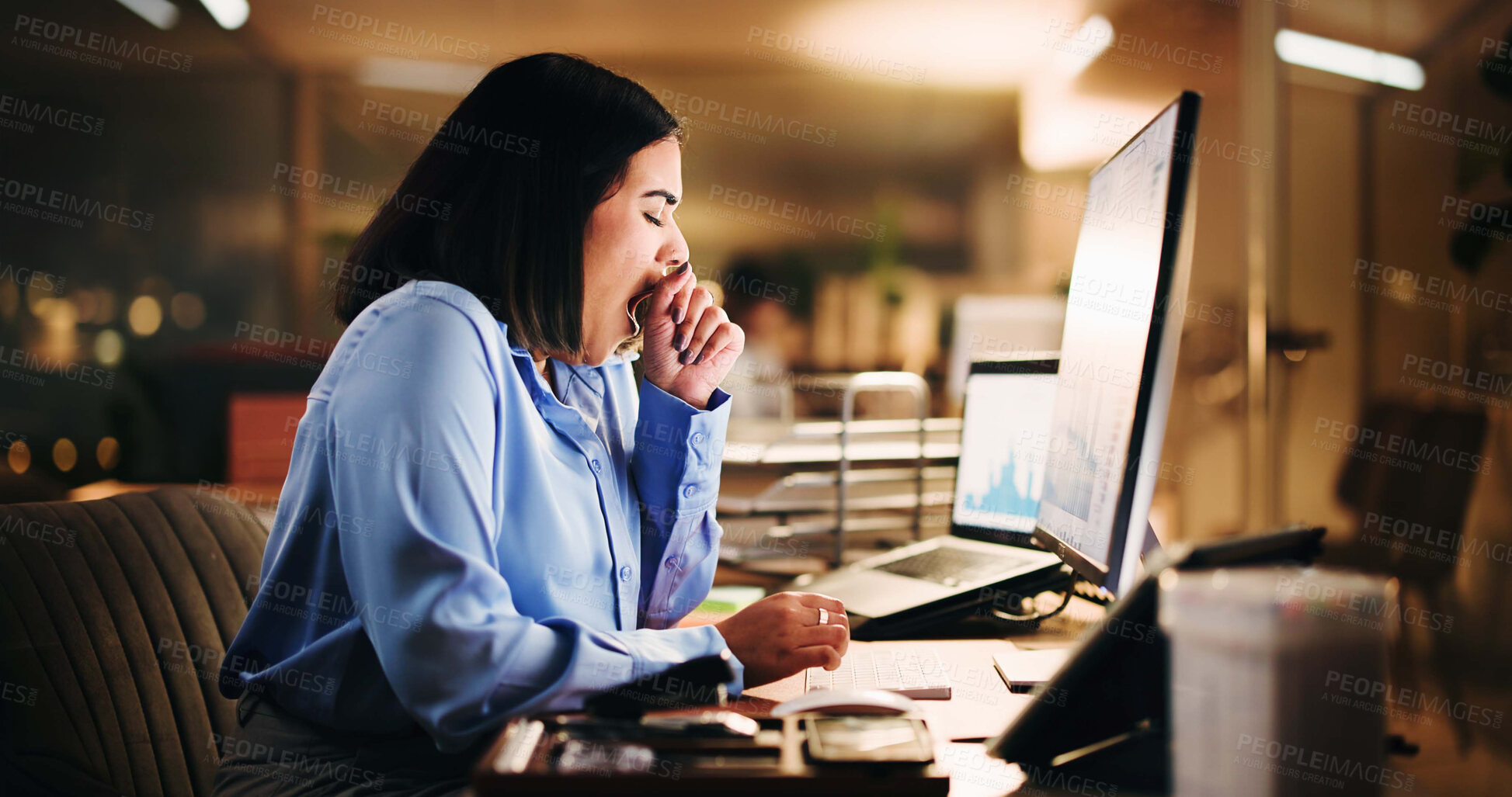 Buy stock photo Tired, business and woman with computer in office for accounting, finance report or burnout at night. Female person, yawning and pc for budget review, employee fatigue and data analysis of overworked