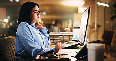 Buy stock photo Computer, reading and serious with business woman in office for trading graph, analysis and night. Investment review, overtime and stock broker chart with person for bokeh and problem solving