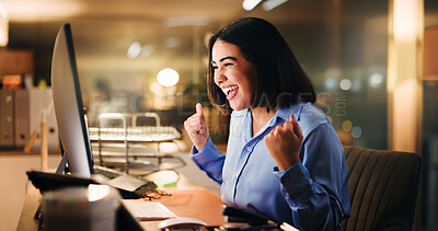 Buy stock photo Office, winner and woman with computer, success or excited for project at night, happy and employee. Online, accountant and financial report with tech, dark and person with achievement and win on web