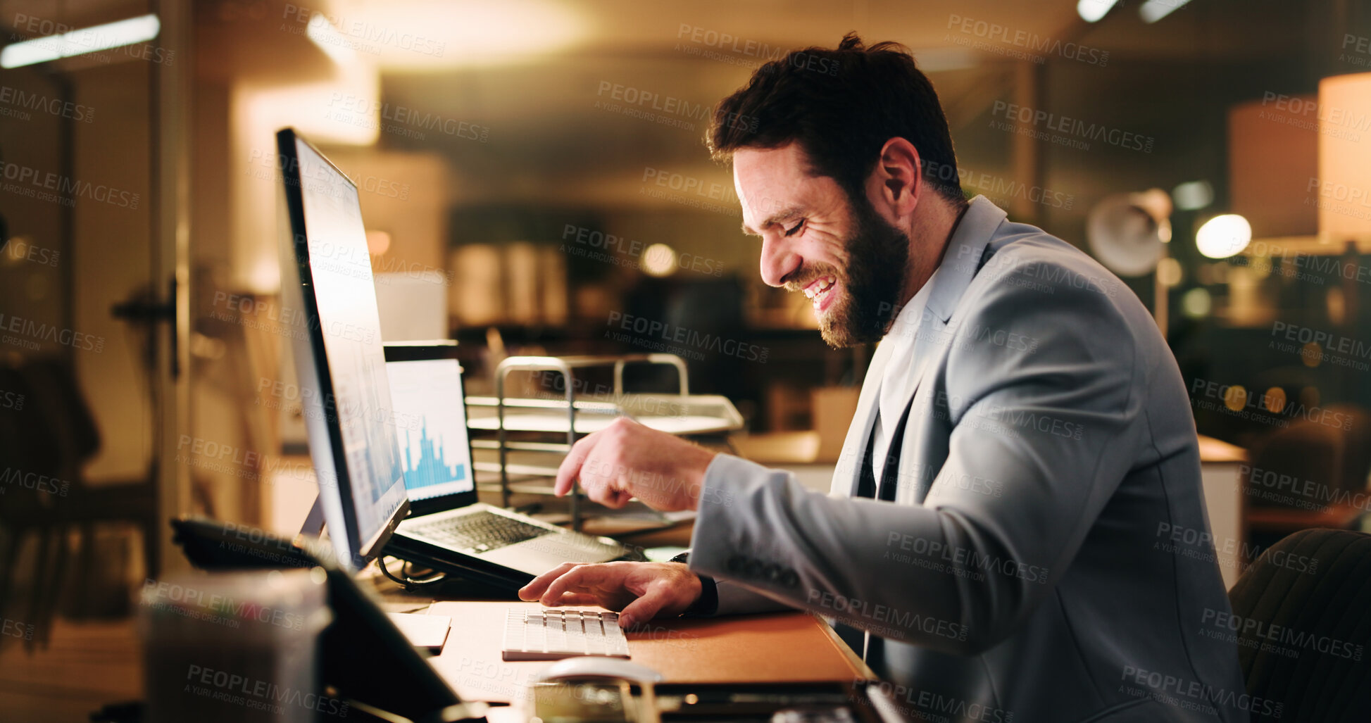 Buy stock photo Businessman, excited and computer for night, celebration and profit with stock market trading. Accountant person, investor and graphs with pc for achievement, overtime and success at finance agency