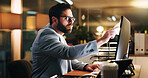 Computer, pointing and research with business man in office for trading analyst, planning and night. Investment insight, overtime and stock broker with person for reading and digital portfolio
