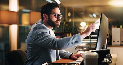 Buy stock photo Computer, pointing and research with business man in office for trading analyst, planning and night. Investment insight, overtime and stock broker with person for reading and digital portfolio