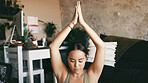Fitness, yoga and relax with woman in home for balance, posture workout and Urdhva Hastasana. Wellness, pilates exercise and calm with person in living room of house for zen, self care and holistic