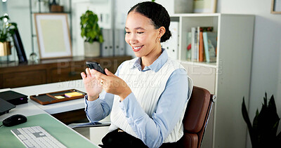 Buy stock photo Smile, business and woman with phone in office for research, contact source or article submission. Happy, person and mobile for positive feedback, fact check and online questions of story publication