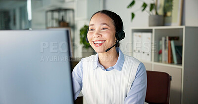 Buy stock photo Computer, help desk or happy woman with headset for customer care, consulting or advice for troubleshooting. Tech support, contact center or virtual assistant speaking to client, hotline or solution