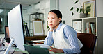 Media agency, thinking and woman in workplace, computer and online reading with email for news report. Person, employee and journalist in office, copywriting and pc with magazine website and choice