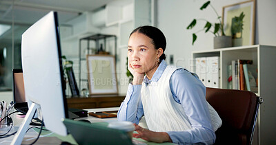 Buy stock photo Media agency, thinking and woman in workplace, computer and online reading with email for news report. Person, employee and journalist in office, copywriting and pc with magazine website and choice