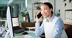 Creative, woman and phone call with computer in office for discussion, contact source and schedule. Journalist, mobile and pc for editor feedback, interview questions and chat for article publication