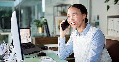 Buy stock photo Creative, woman and phone call with computer in office for discussion, contact source and schedule. Journalist, mobile and pc for editor feedback, interview questions and chat for article publication