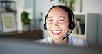 Tech support, help desk or woman with headset for customer care, consulting or advice for troubleshooting. Problem solving, call center or virtual assistant speaking to client, hotline or computer