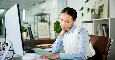 Buy stock photo Tired, businesswoman or computer in office with neck pain from bad posture, financial crisis or issue. Exhausted, overworked person or desktop in workplace with finance stress, tension or discomfort.
