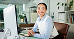 Portrait, business woman and happy at computer for news publication, article editing and research. Publishing agency, journalist and smile with tech for submission upload, proofreading draft or pride