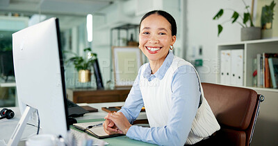 Buy stock photo Portrait, business woman and happy at computer for news publication, article editing and research. Publishing agency, journalist and smile with tech for submission upload, proofreading draft or pride