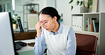 Tired, businesswoman or burnout in office with headache from bad news, financial crisis or issue. Exhausted, overworked person or migraine in workplace with finance stress, bankruptcy risk or fatigue