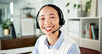 Portrait, help desk or woman with headset for customer care, consulting or advice for troubleshooting. Tech support, contact center or virtual assistant speaking to client, online hotline or solution