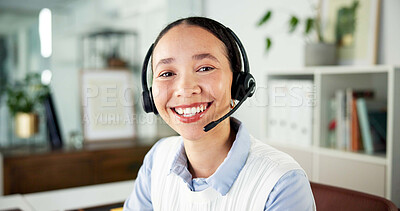 Buy stock photo Portrait, help desk or woman with headset for customer care, consulting or advice for troubleshooting. Tech support, contact center or virtual assistant speaking to client, online hotline or solution