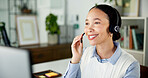 Computer, help desk and woman with headset for customer care, consulting or advice for troubleshooting. Tech support, contact center and virtual assistant speaking to client, hotline or microphone