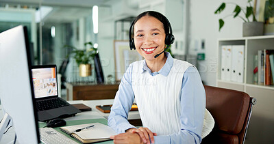 Buy stock photo Portrait, help desk or happy woman with headset for customer care, consulting or advice for troubleshooting. Tech support, contact center or virtual assistant with mic, hotline or client solution