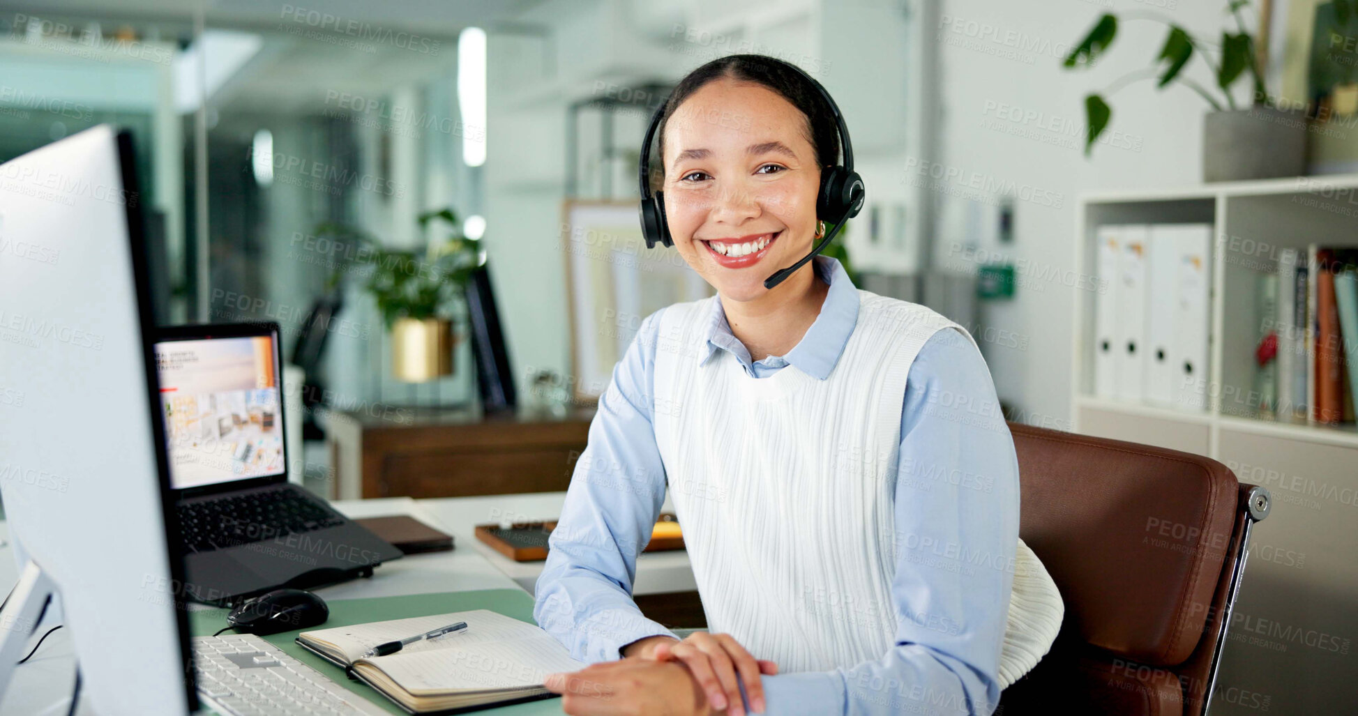 Buy stock photo Portrait, help desk or happy woman with headset for customer care, consulting or advice for troubleshooting. Tech support, contact center or virtual assistant with mic, hotline or client solution