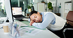 Tired woman, sleeping or computer with rest for fatigue, burnout or procrastination in office. Business, female person or employee asleep with snooze, nap or break for bored, lazy or unproductive day
